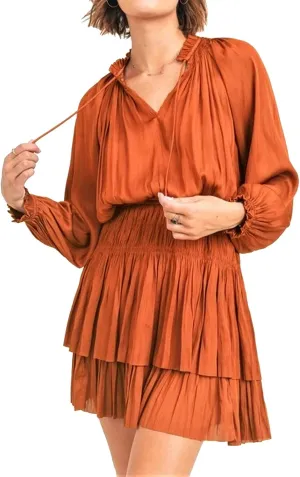 R.Vivimos Women's Cotton Long Sleeves V Neck Layered Ruffles Pleated Swing Mini Dress
