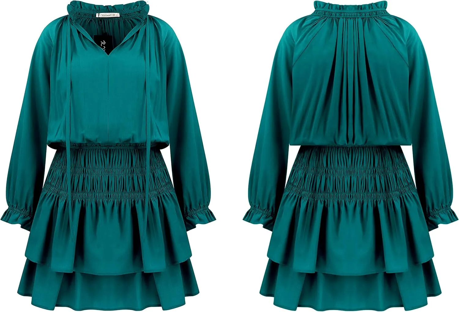R.Vivimos Women's Cotton Long Sleeves V Neck Layered Ruffles Pleated Swing Mini Dress