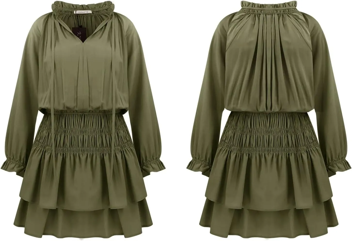 R.Vivimos Women's Cotton Long Sleeves V Neck Layered Ruffles Pleated Swing Mini Dress