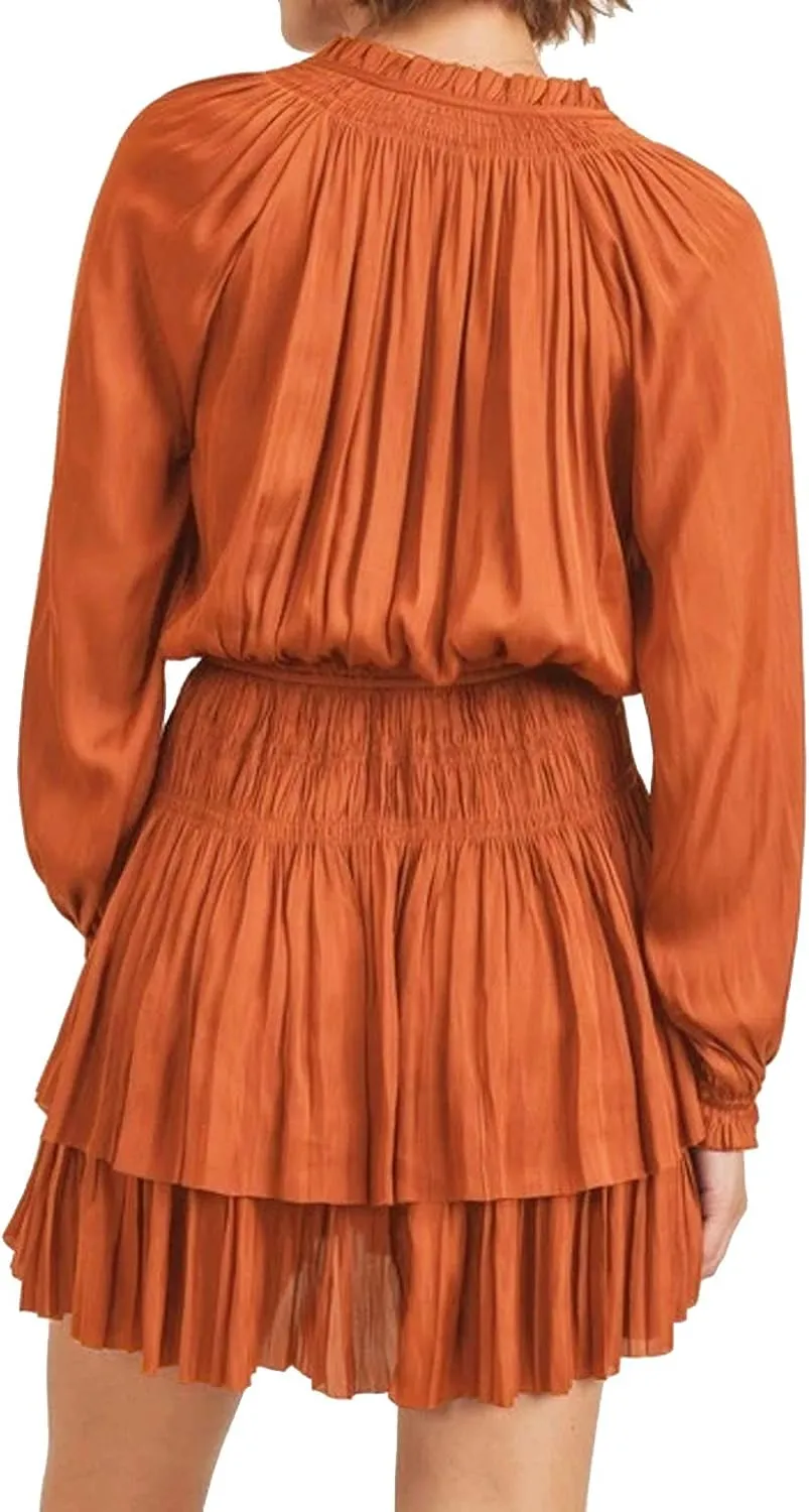 R.Vivimos Women's Cotton Long Sleeves V Neck Layered Ruffles Pleated Swing Mini Dress