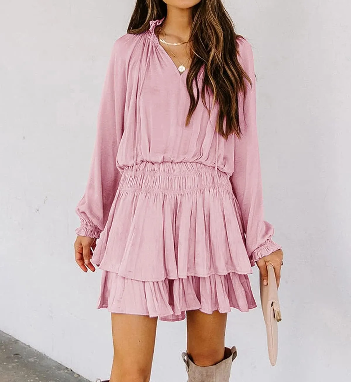 R.Vivimos Women's Cotton Long Sleeves V Neck Layered Ruffles Pleated Swing Mini Dress