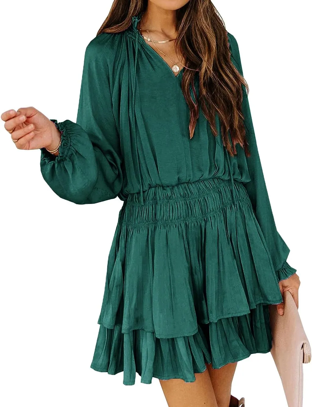 R.Vivimos Women's Cotton Long Sleeves V Neck Layered Ruffles Pleated Swing Mini Dress