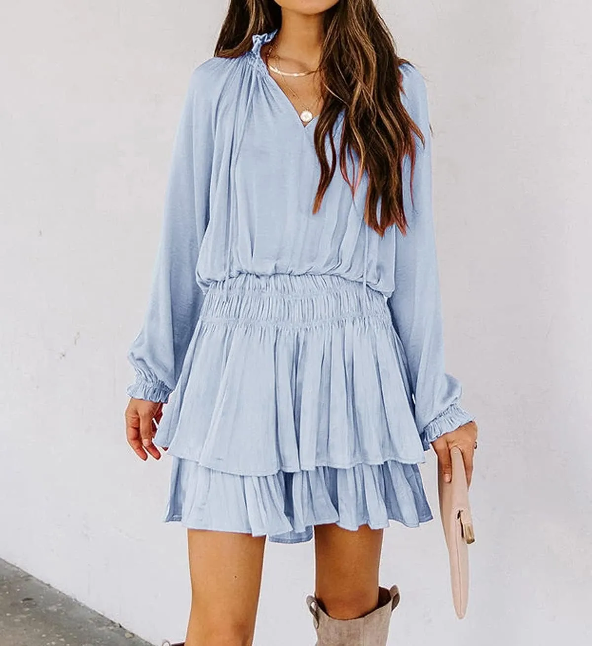 R.Vivimos Women's Cotton Long Sleeves V Neck Layered Ruffles Pleated Swing Mini Dress