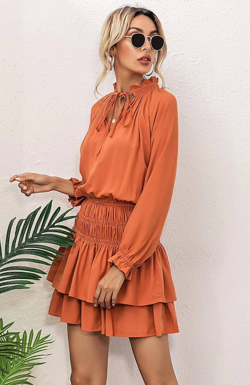 R.Vivimos Women's Cotton Long Sleeves V Neck Layered Ruffles Pleated Swing Mini Dress