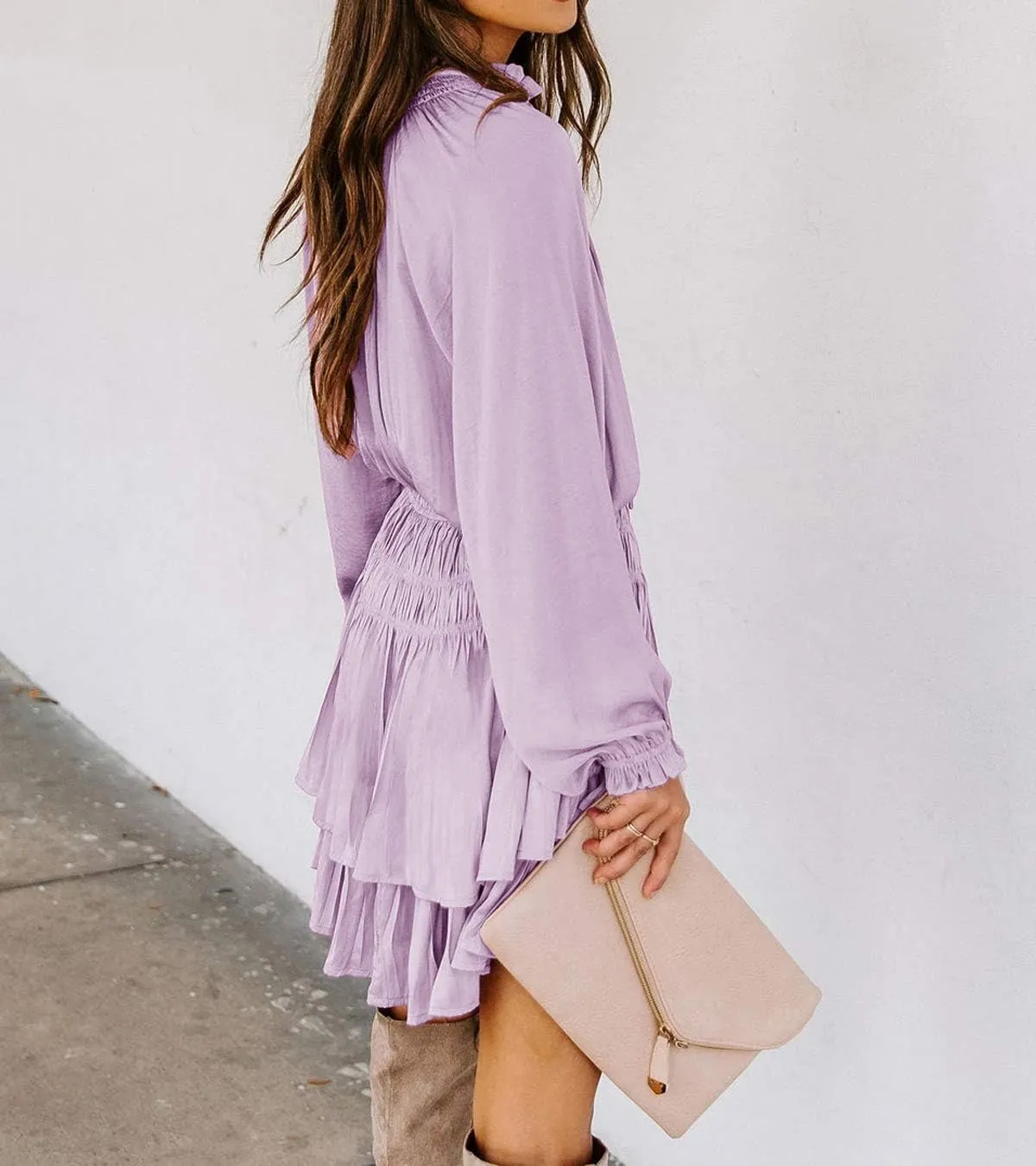 R.Vivimos Women's Cotton Long Sleeves V Neck Layered Ruffles Pleated Swing Mini Dress