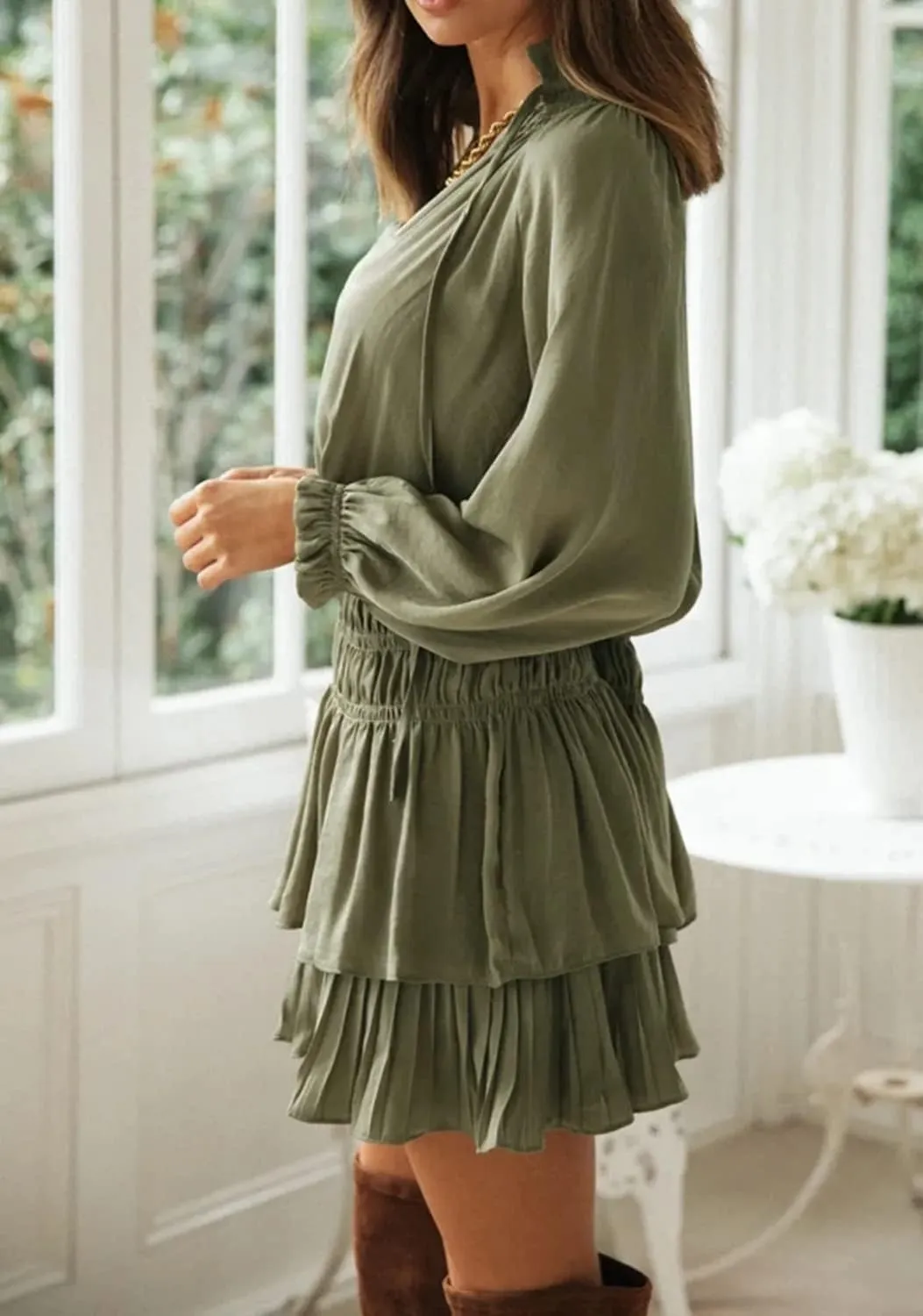 R.Vivimos Women's Cotton Long Sleeves V Neck Layered Ruffles Pleated Swing Mini Dress