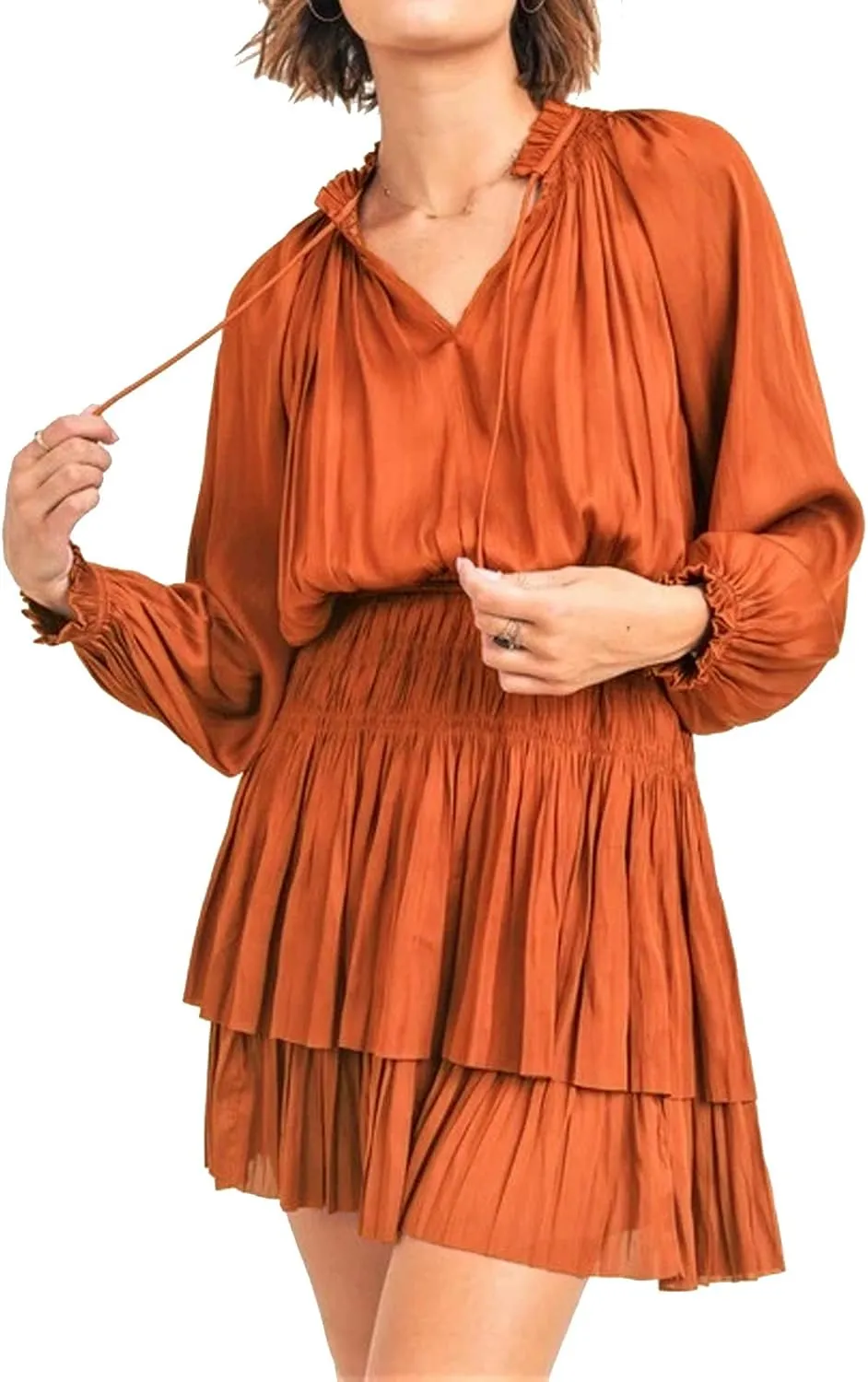 R.Vivimos Women's Cotton Long Sleeves V Neck Layered Ruffles Pleated Swing Mini Dress
