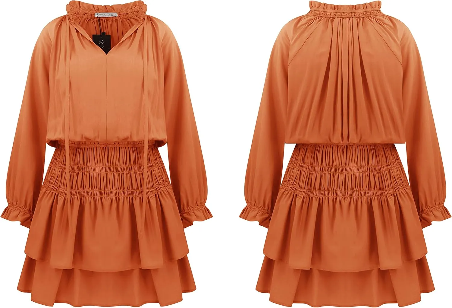 R.Vivimos Women's Cotton Long Sleeves V Neck Layered Ruffles Pleated Swing Mini Dress
