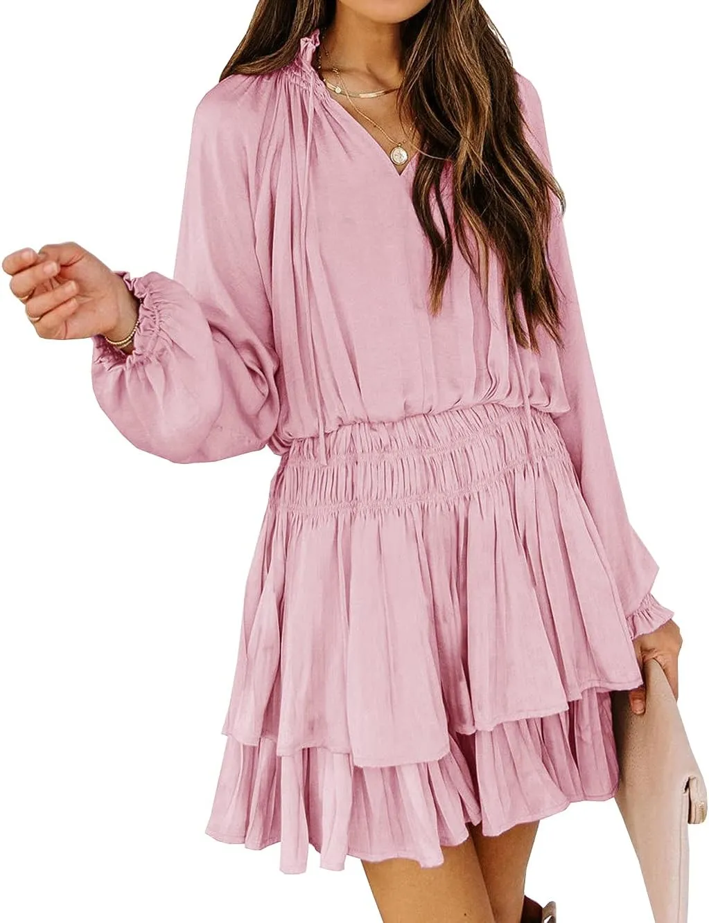 R.Vivimos Women's Cotton Long Sleeves V Neck Layered Ruffles Pleated Swing Mini Dress