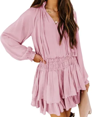 R.Vivimos Women's Cotton Long Sleeves V Neck Layered Ruffles Pleated Swing Mini Dress