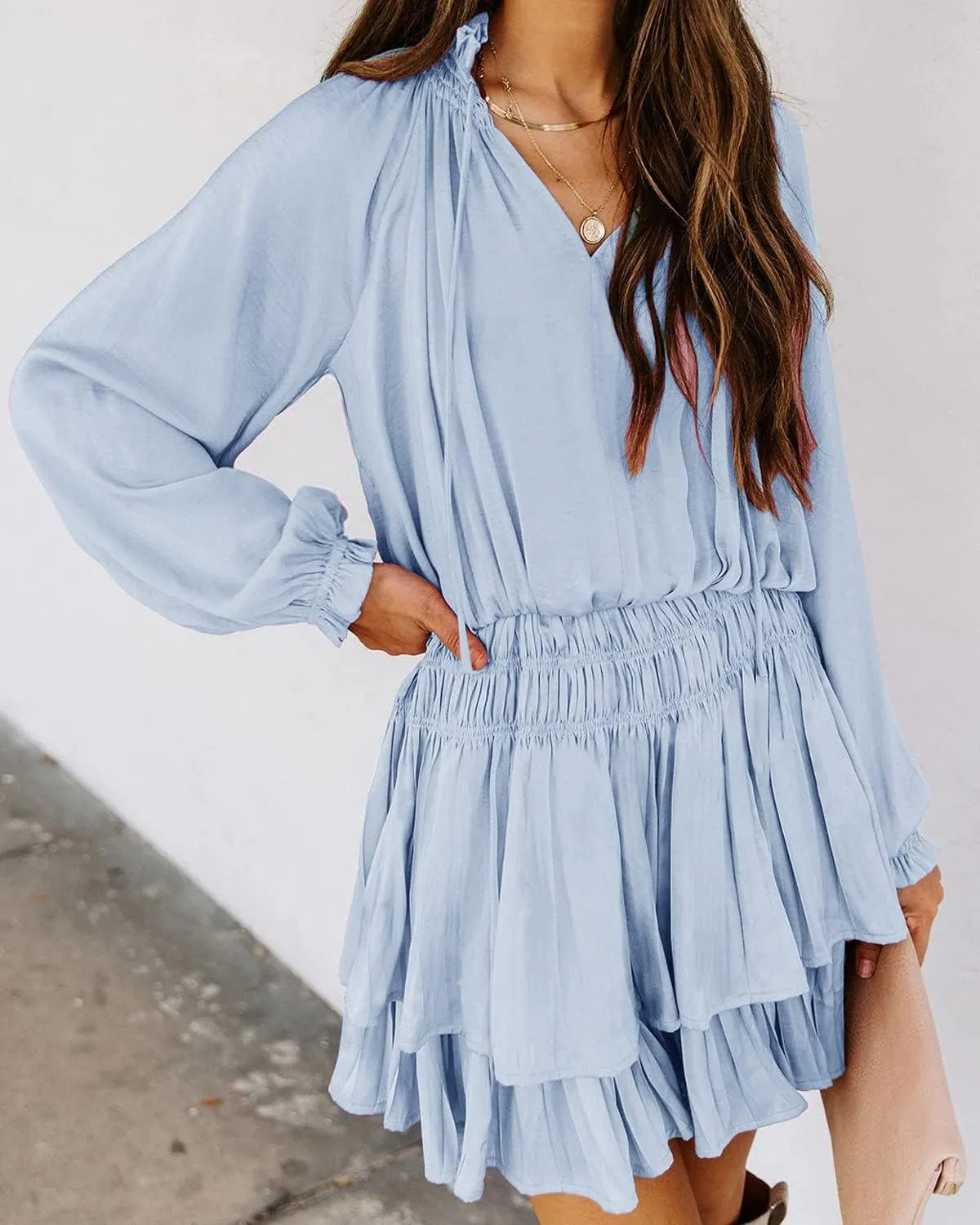 R.Vivimos Women's Cotton Long Sleeves V Neck Layered Ruffles Pleated Swing Mini Dress