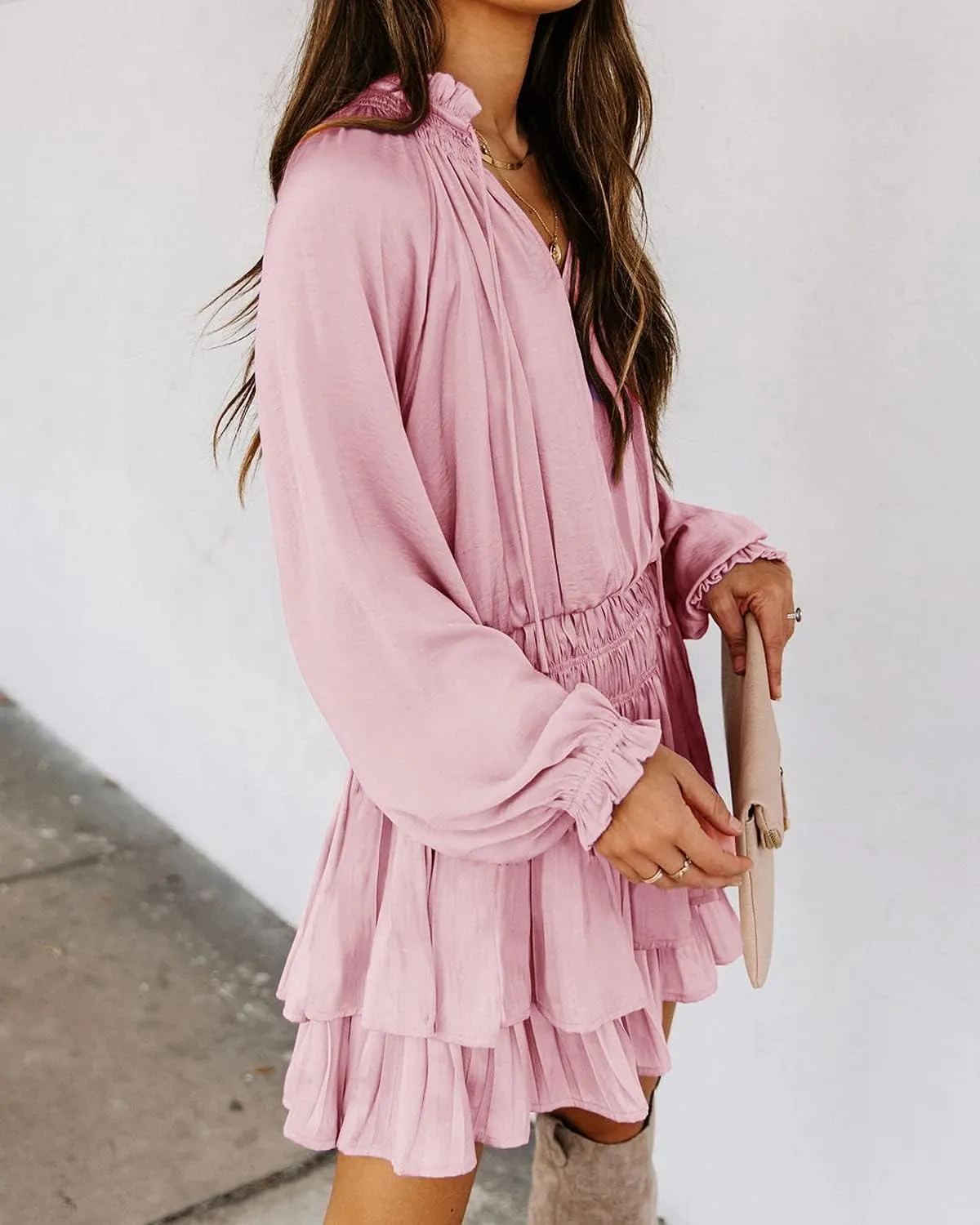 R.Vivimos Women's Cotton Long Sleeves V Neck Layered Ruffles Pleated Swing Mini Dress