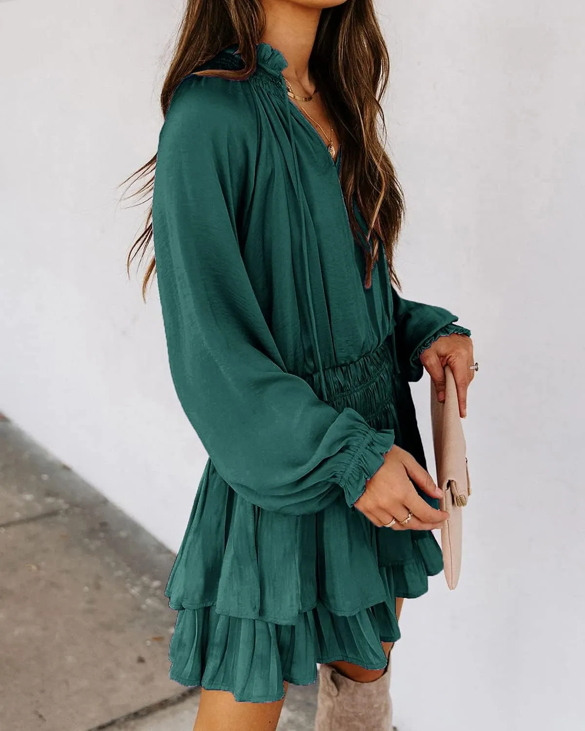 R.Vivimos Women's Cotton Long Sleeves V Neck Layered Ruffles Pleated Swing Mini Dress