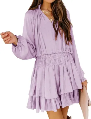 R.Vivimos Women's Cotton Long Sleeves V Neck Layered Ruffles Pleated Swing Mini Dress