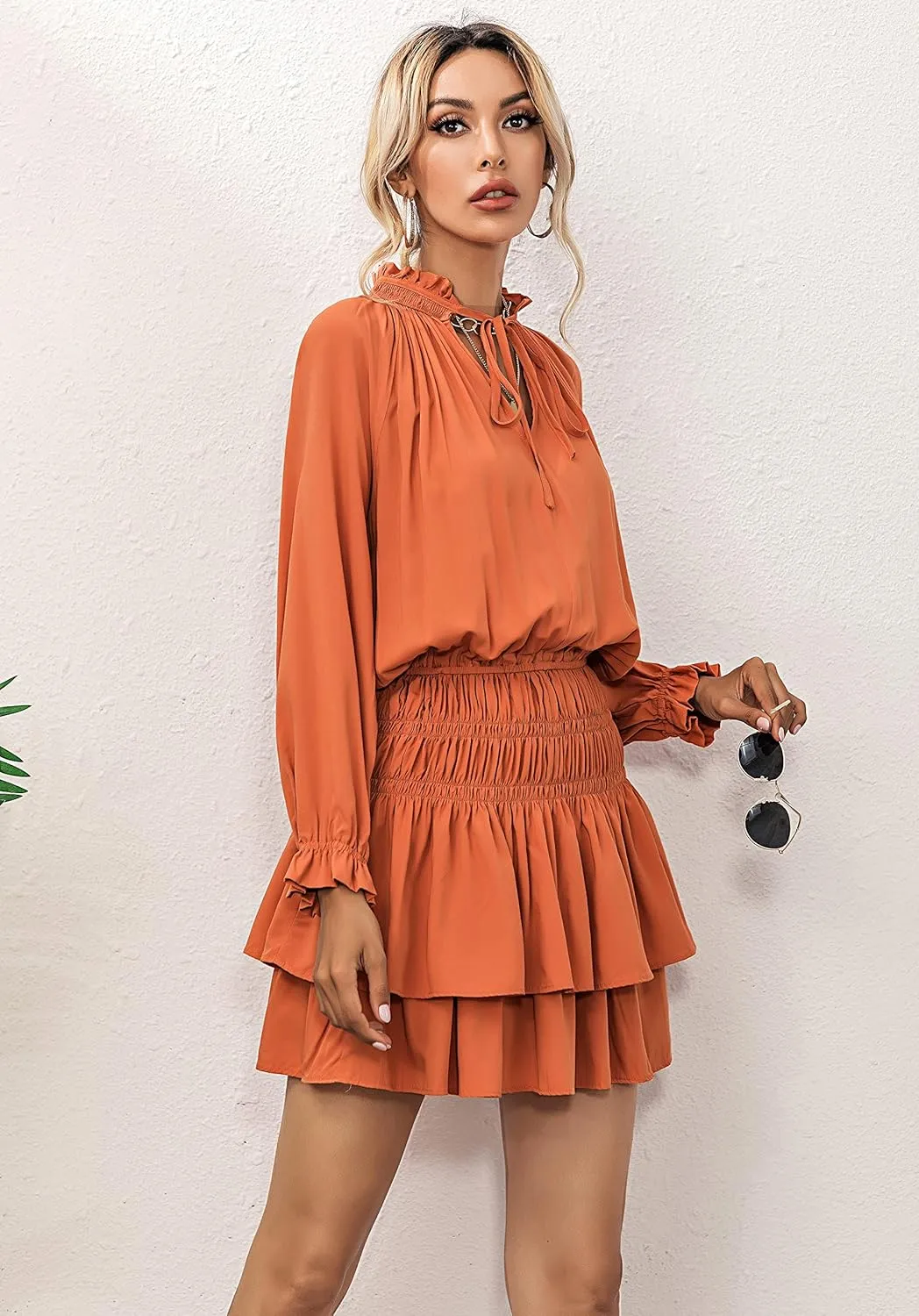 R.Vivimos Women's Cotton Long Sleeves V Neck Layered Ruffles Pleated Swing Mini Dress