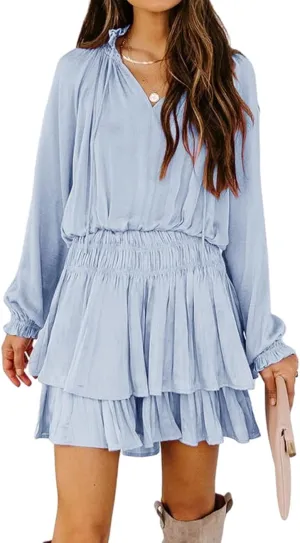 R.Vivimos Women's Cotton Long Sleeves V Neck Layered Ruffles Pleated Swing Mini Dress