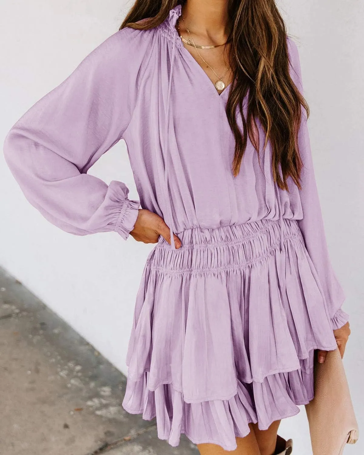 R.Vivimos Women's Cotton Long Sleeves V Neck Layered Ruffles Pleated Swing Mini Dress