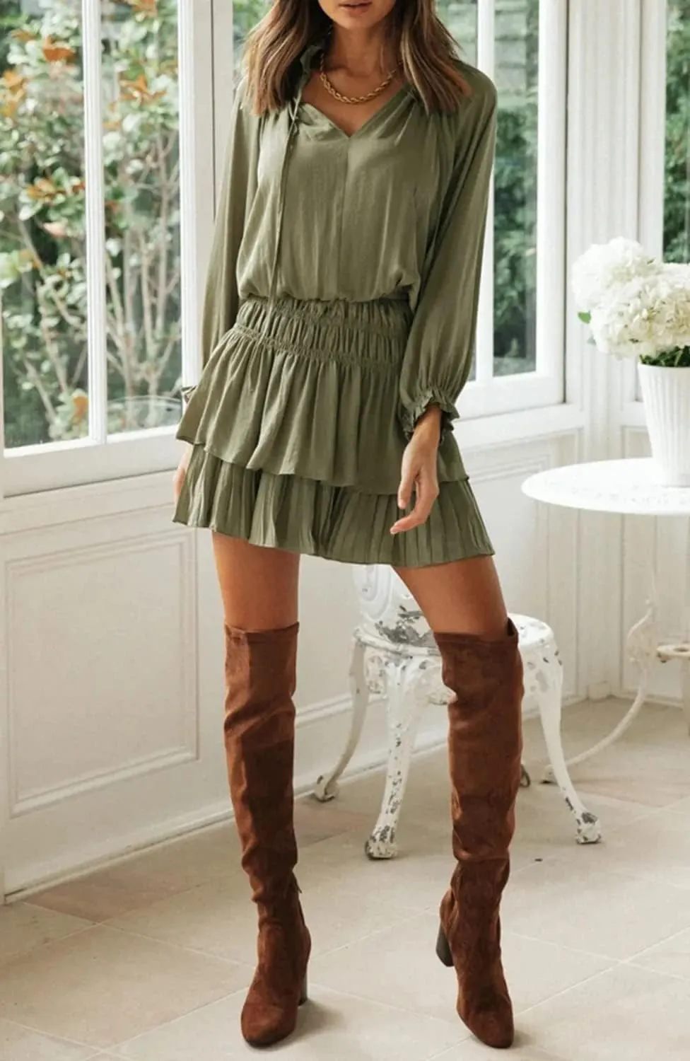 R.Vivimos Women's Cotton Long Sleeves V Neck Layered Ruffles Pleated Swing Mini Dress