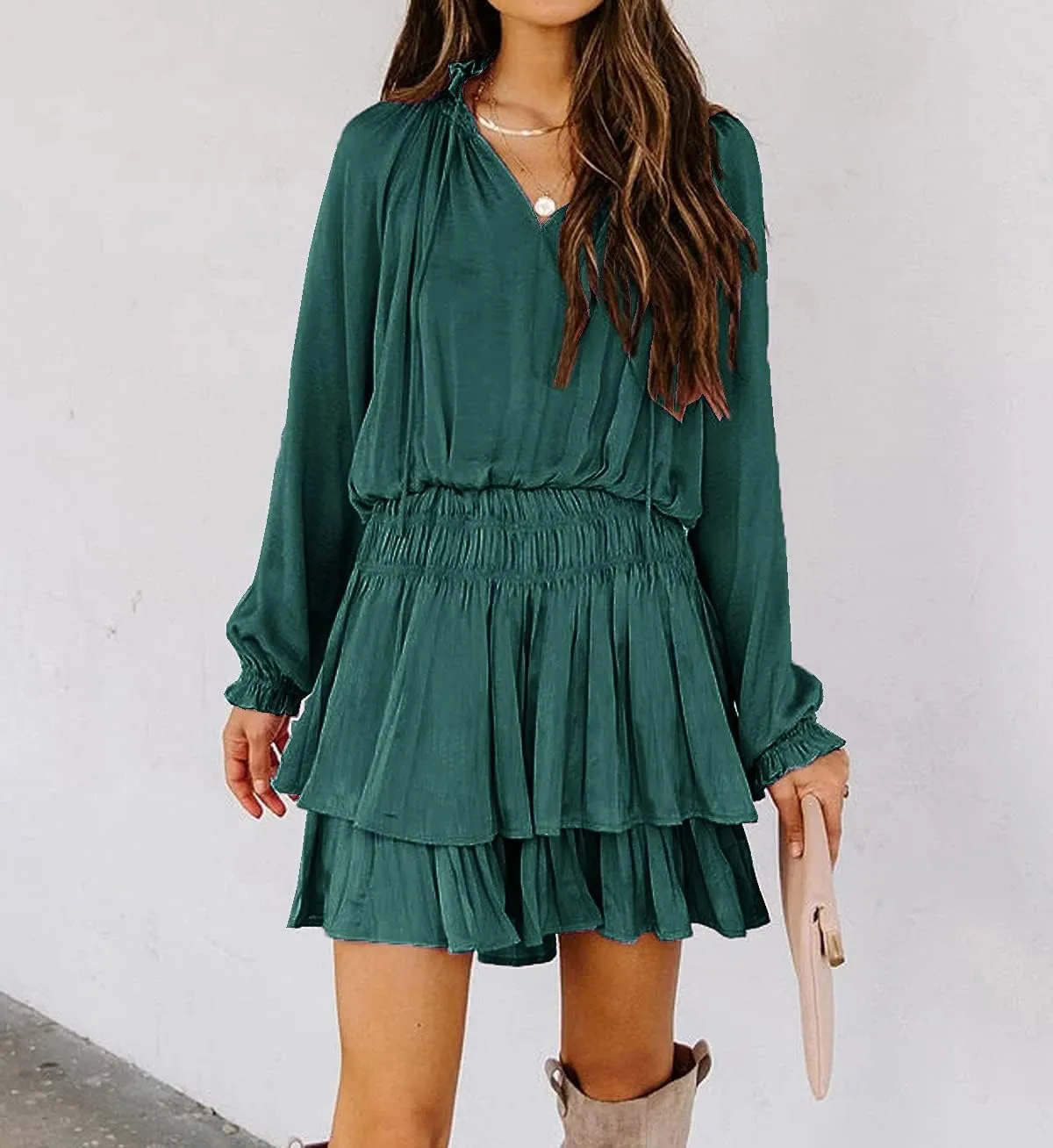 R.Vivimos Women's Cotton Long Sleeves V Neck Layered Ruffles Pleated Swing Mini Dress