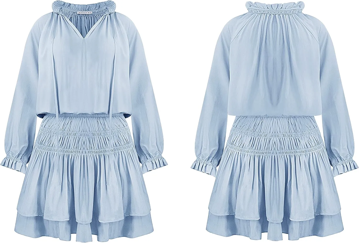 R.Vivimos Women's Cotton Long Sleeves V Neck Layered Ruffles Pleated Swing Mini Dress