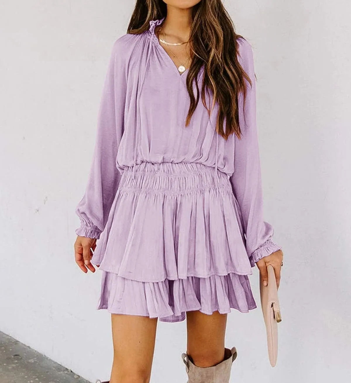 R.Vivimos Women's Cotton Long Sleeves V Neck Layered Ruffles Pleated Swing Mini Dress