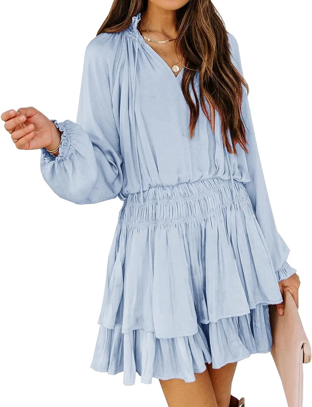 R.Vivimos Women's Cotton Long Sleeves V Neck Layered Ruffles Pleated Swing Mini Dress
