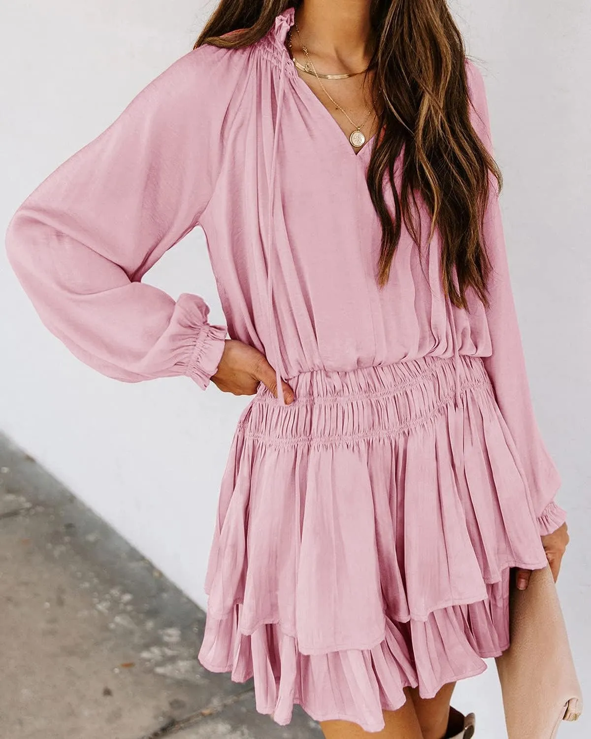 R.Vivimos Women's Cotton Long Sleeves V Neck Layered Ruffles Pleated Swing Mini Dress