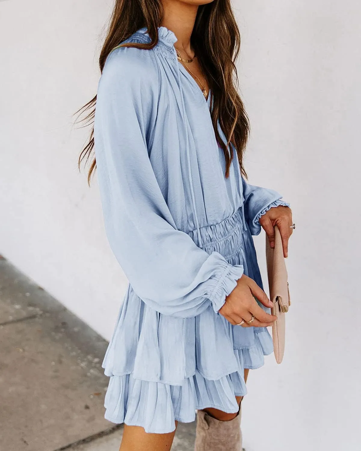 R.Vivimos Women's Cotton Long Sleeves V Neck Layered Ruffles Pleated Swing Mini Dress