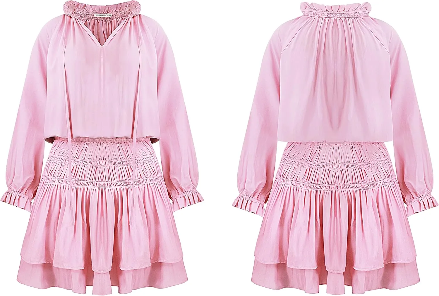 R.Vivimos Women's Cotton Long Sleeves V Neck Layered Ruffles Pleated Swing Mini Dress