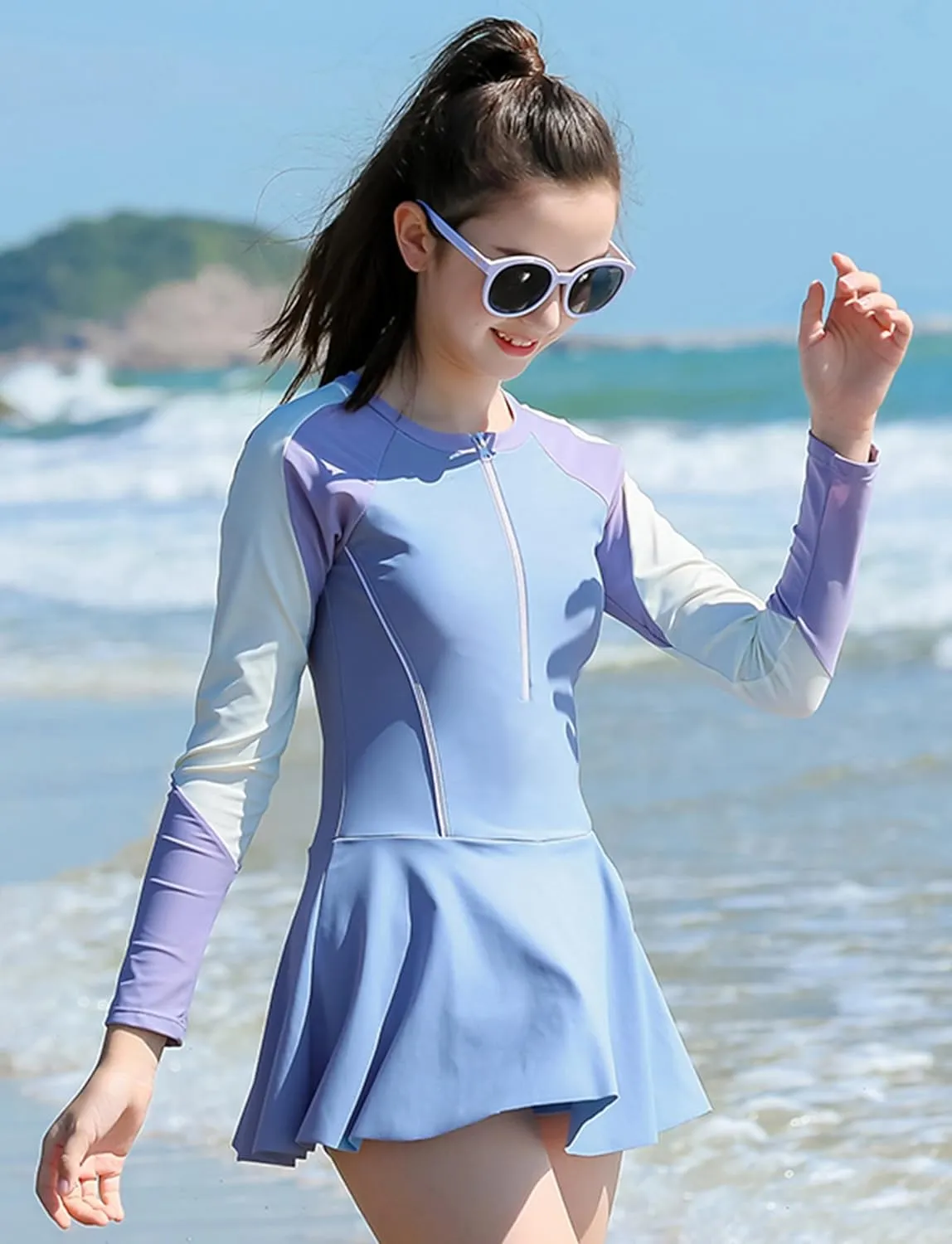 SEAUR Girls Rashguard Swimsuits Kids UPF 50  UV Sun Protection Bathing Suits Zipper Sport Swimwear