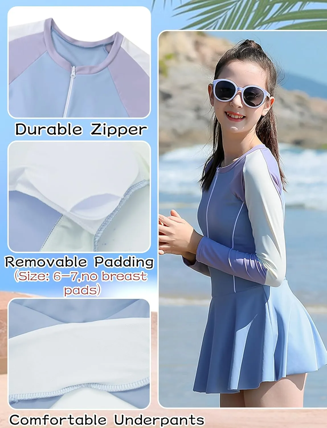 SEAUR Girls Rashguard Swimsuits Kids UPF 50  UV Sun Protection Bathing Suits Zipper Sport Swimwear