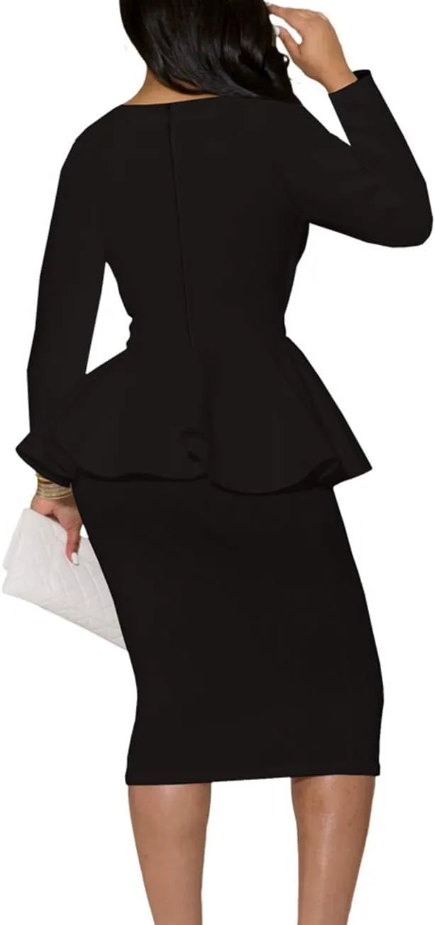 SEBOWEL Women Ruffle Peplum Bodycon Midi Dress Pencil Business Office Work Dress Elegant Wrap V Neck Club Evening Party Dress