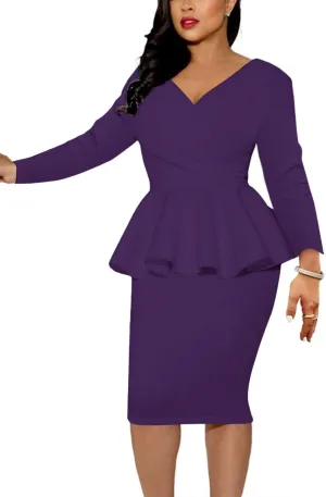 SEBOWEL Women Ruffle Peplum Bodycon Midi Dress Pencil Business Office Work Dress Elegant Wrap V Neck Club Evening Party Dress