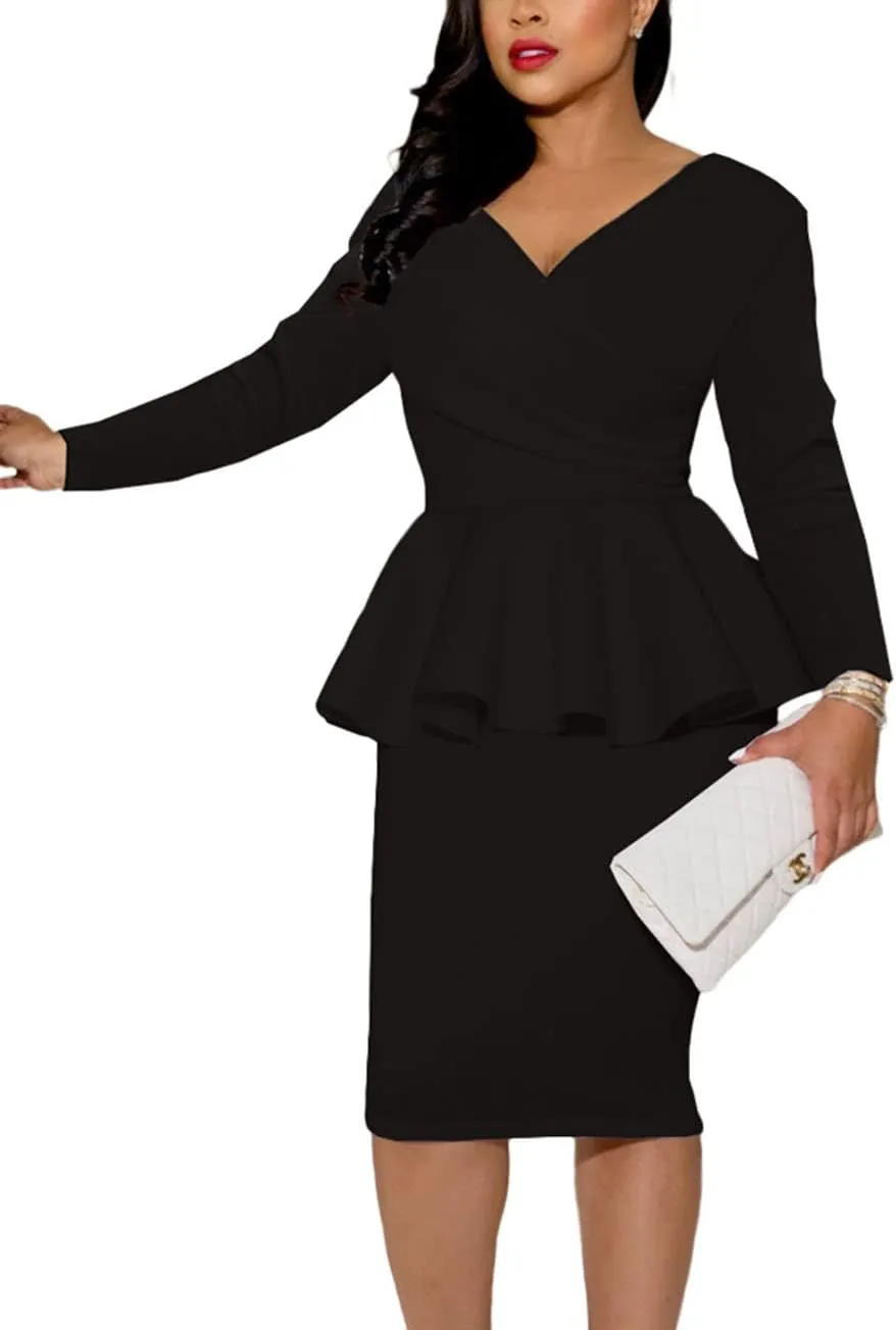 SEBOWEL Women Ruffle Peplum Bodycon Midi Dress Pencil Business Office Work Dress Elegant Wrap V Neck Club Evening Party Dress
