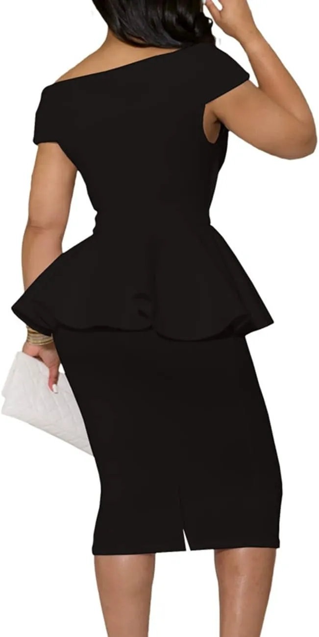 SEBOWEL Women Ruffle Peplum Bodycon Midi Dress Pencil Business Office Work Dress Elegant Wrap V Neck Club Evening Party Dress
