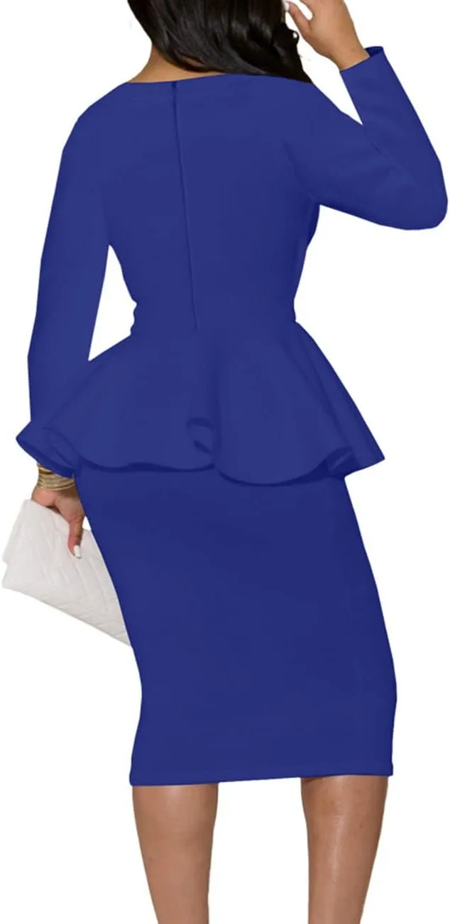 SEBOWEL Women Ruffle Peplum Bodycon Midi Dress Pencil Business Office Work Dress Elegant Wrap V Neck Club Evening Party Dress