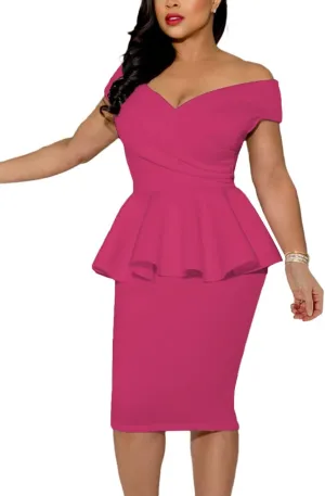 SEBOWEL Women Ruffle Peplum Bodycon Midi Dress Pencil Business Office Work Dress Elegant Wrap V Neck Club Evening Party Dress