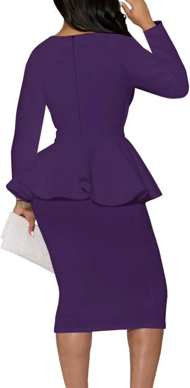 SEBOWEL Women Ruffle Peplum Bodycon Midi Dress Pencil Business Office Work Dress Elegant Wrap V Neck Club Evening Party Dress