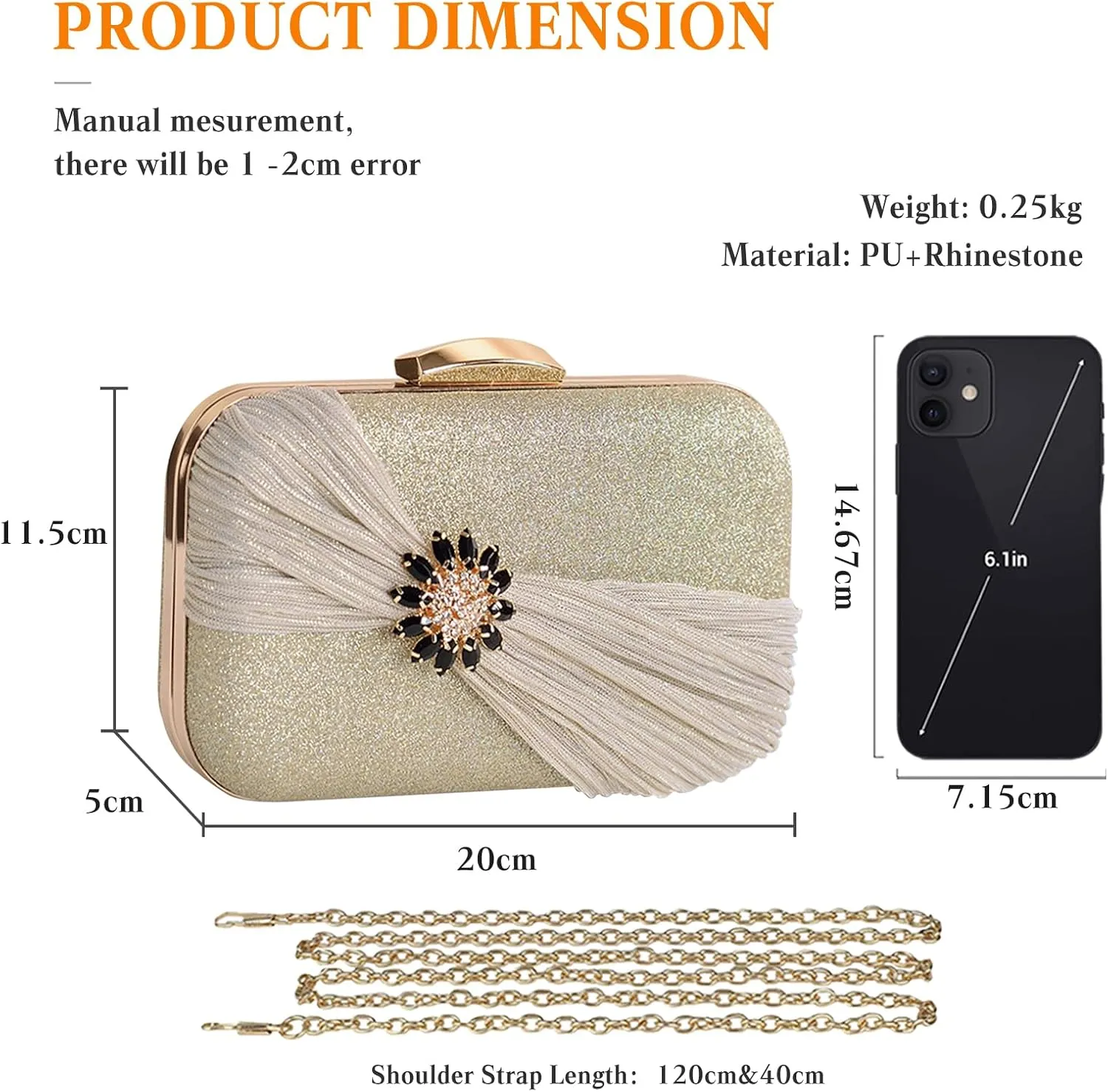 Sequin Clutch Bag Pleated Evening Bag for Women Bridal Wedding Purse Rhinestone Handbag Crystal Shoulder Bag