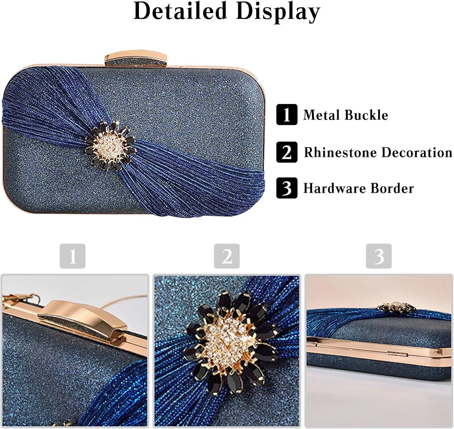 Sequin Clutch Bag Pleated Evening Bag for Women Bridal Wedding Purse Rhinestone Handbag Crystal Shoulder Bag