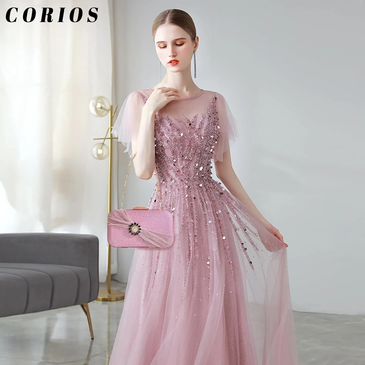 Sequin Clutch Bag Pleated Evening Bag for Women Bridal Wedding Purse Rhinestone Handbag Crystal Shoulder Bag