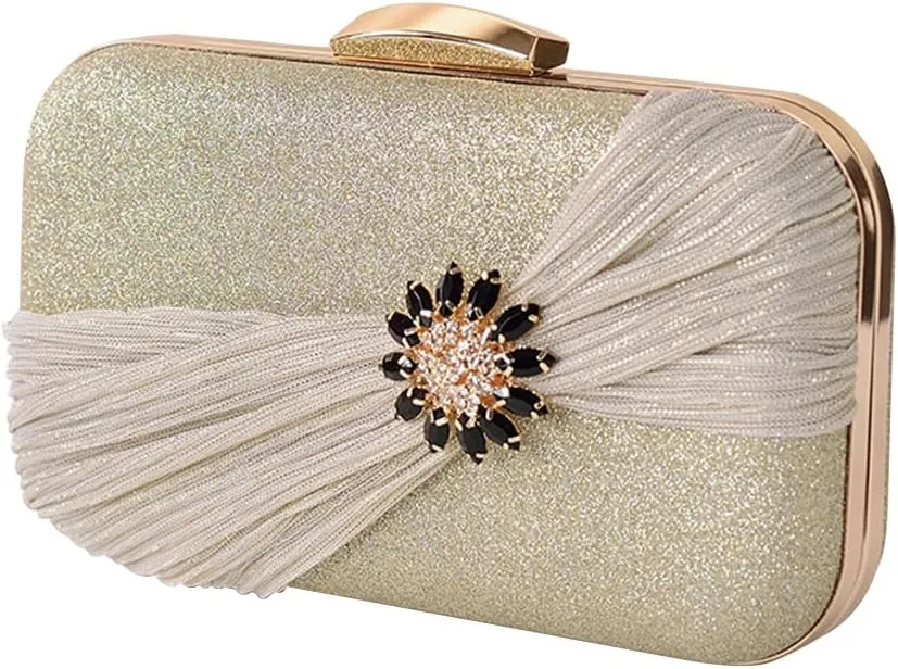 Sequin Clutch Bag Pleated Evening Bag for Women Bridal Wedding Purse Rhinestone Handbag Crystal Shoulder Bag