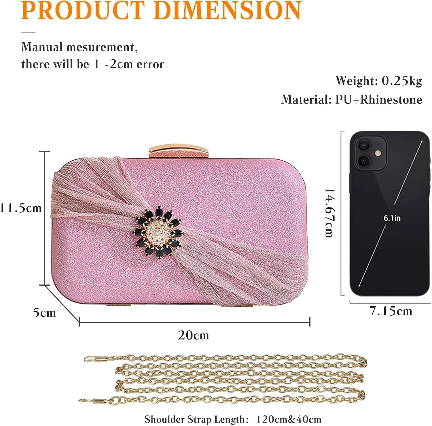 Sequin Clutch Bag Pleated Evening Bag for Women Bridal Wedding Purse Rhinestone Handbag Crystal Shoulder Bag