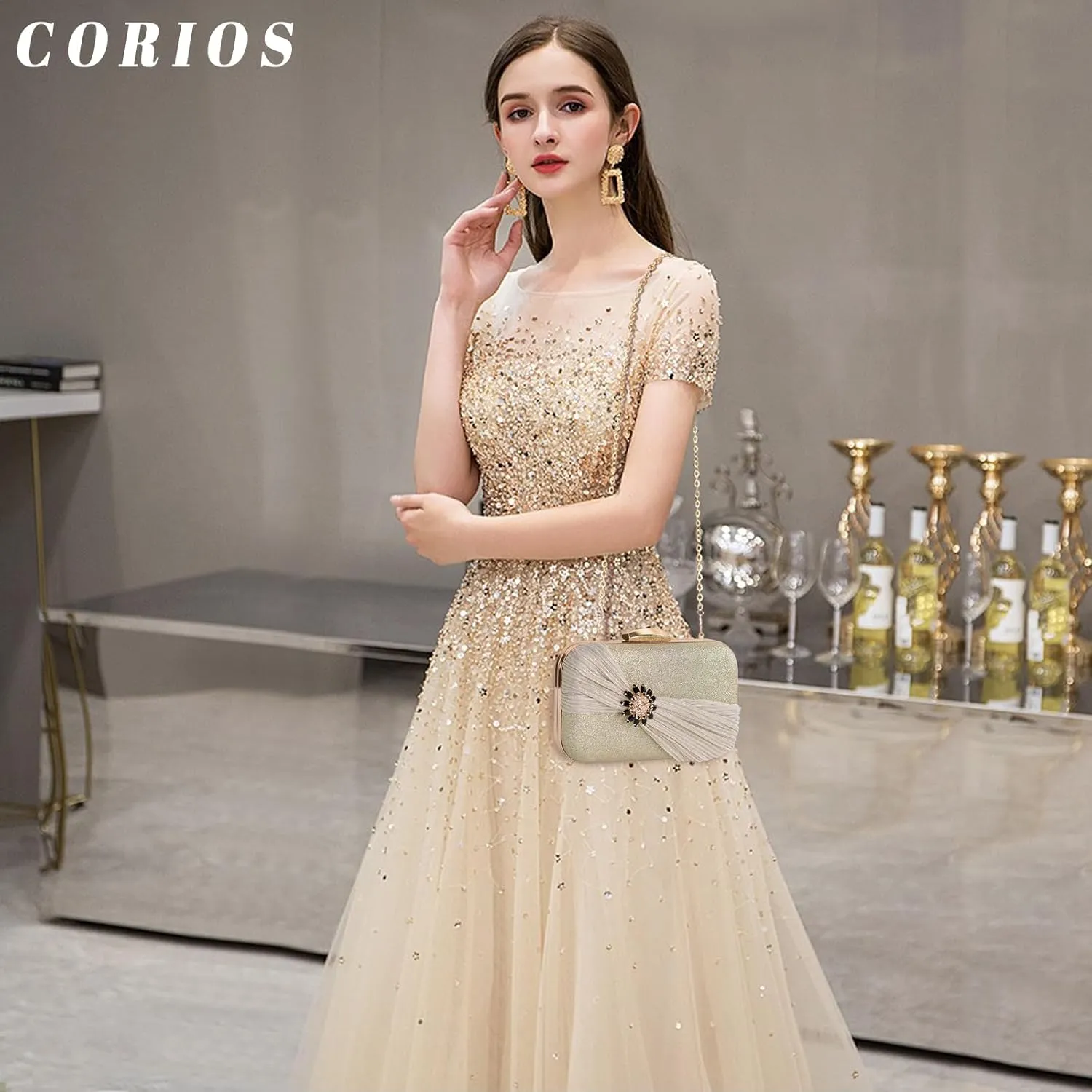 Sequin Clutch Bag Pleated Evening Bag for Women Bridal Wedding Purse Rhinestone Handbag Crystal Shoulder Bag