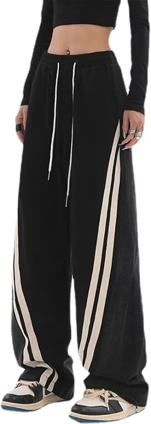 SESERAGI Pants for Women Trendy 2024 Black White Wide Leg Casual Girls Elastic Waist Cargo Pants Pockets Womens Trousers