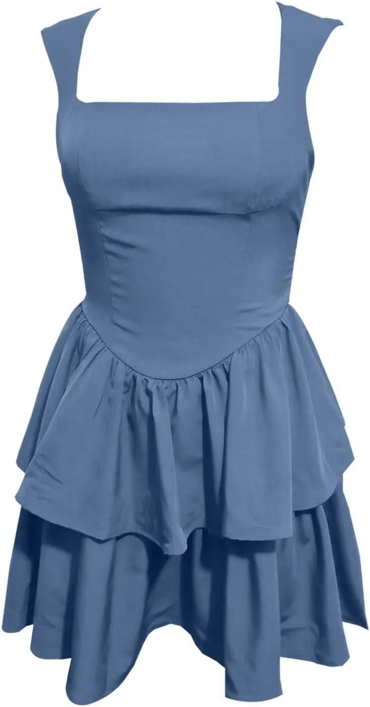 Sexy Bodycon Mini Dress with Square Neckline Double Layer Ruffle Hem Sleeveless Fit for Party Wear Summer Juniors