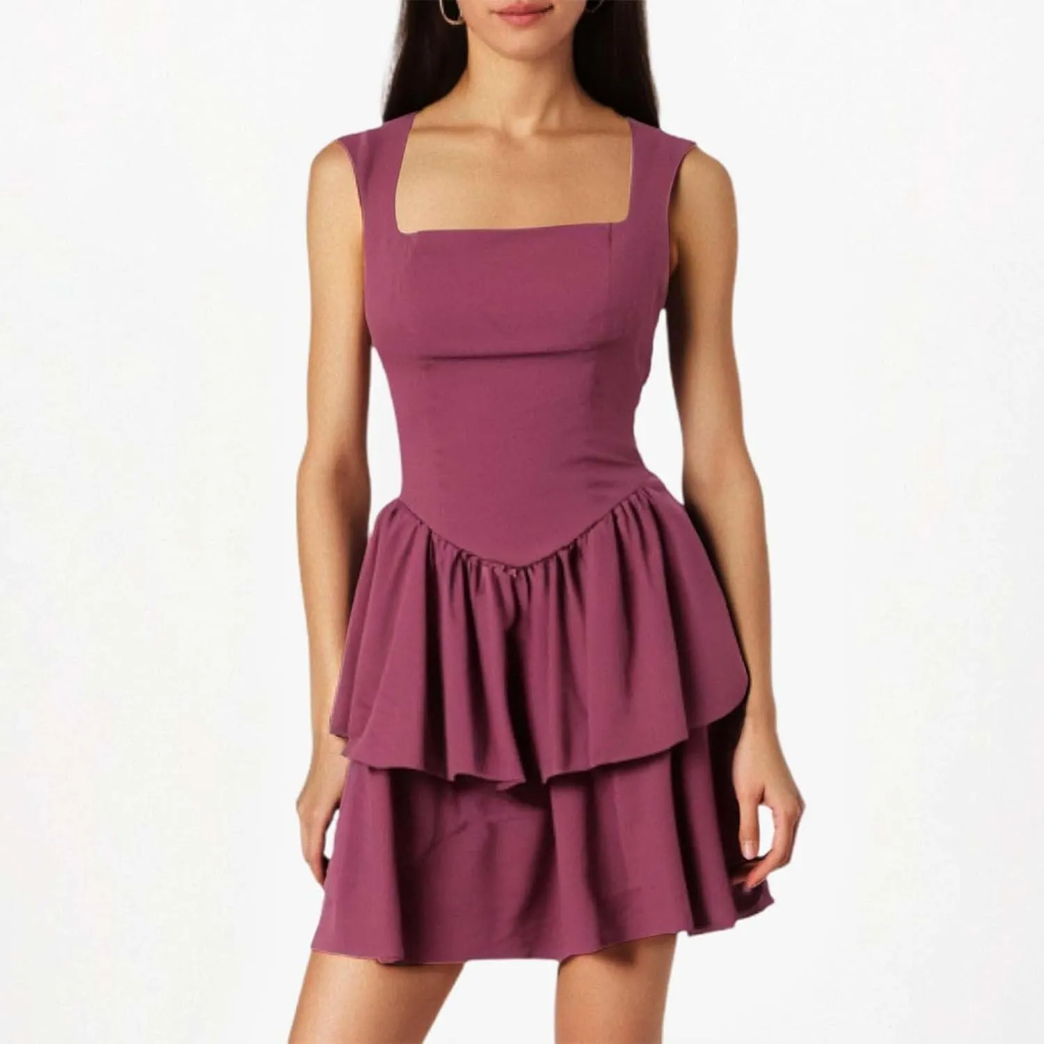 Sexy Bodycon Mini Dress with Square Neckline Double Layer Ruffle Hem Sleeveless Fit for Party Wear Summer Juniors