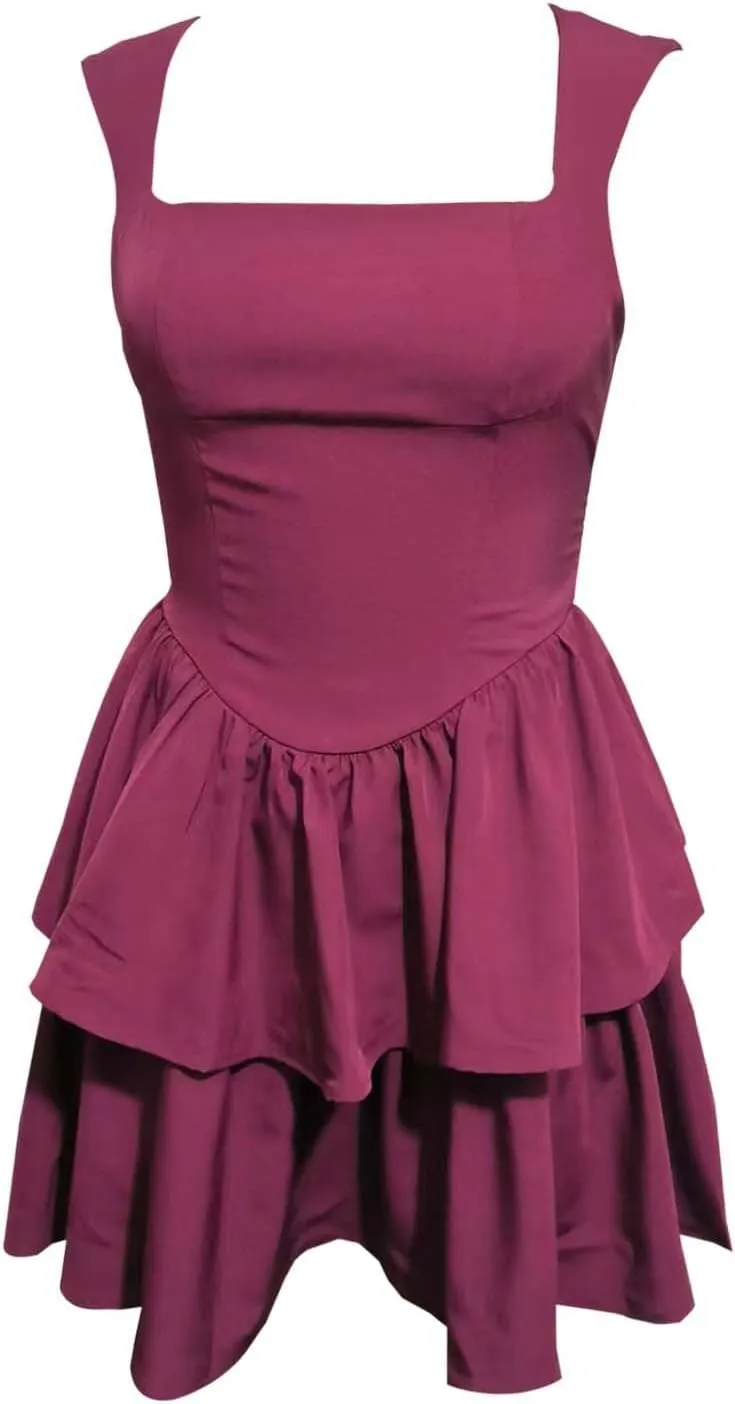 Sexy Bodycon Mini Dress with Square Neckline Double Layer Ruffle Hem Sleeveless Fit for Party Wear Summer Juniors