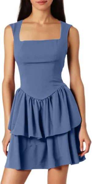 Sexy Bodycon Mini Dress with Square Neckline Double Layer Ruffle Hem Sleeveless Fit for Party Wear Summer Juniors
