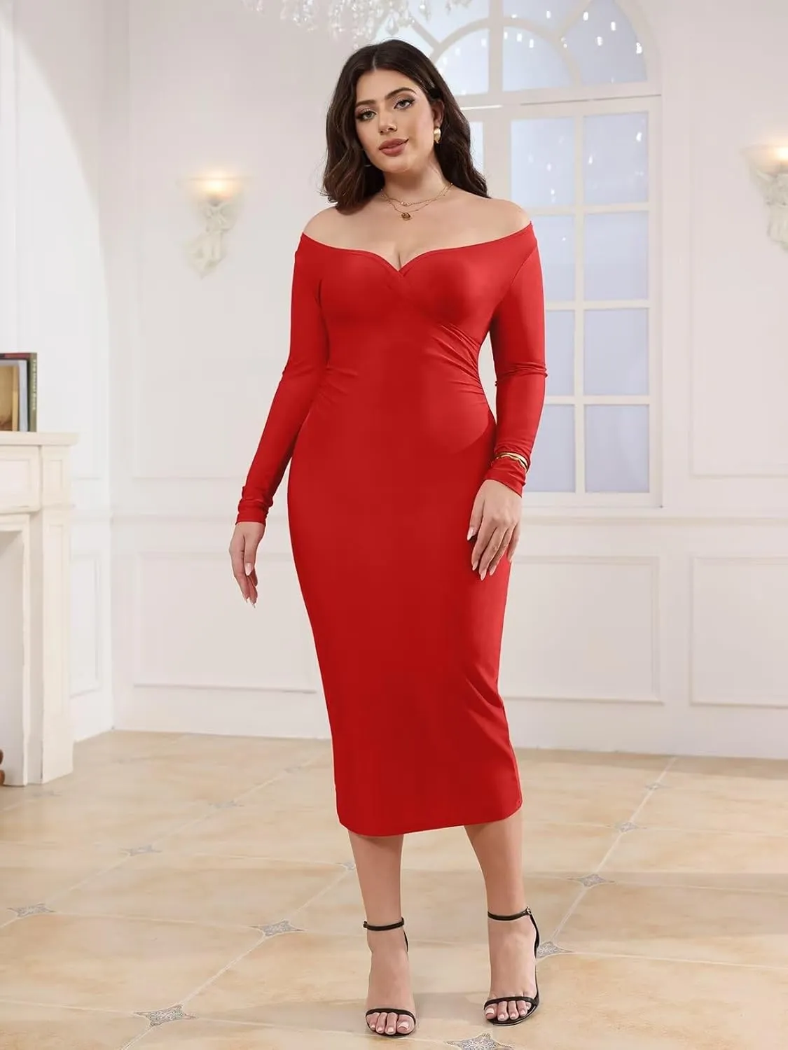 Sexy Off Shoulder Midi Dress for Women Elegant V Neck Bodycon Club Night Party Dresses